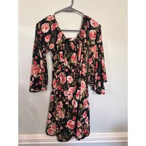 Top Fashion Black Floral Off-Shoulder Dress Size 1X Pink Rose Print Boho